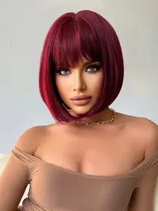 12 Inch Burgundy Short Straight Wigs for Women, Gorgeous Wigs with Bangs, Synthetic Wigs for Party, Daily Use, Burgundy Short Straight Bob Glueless Wig for Women Valentine's Day Outfit, Pixie Cut Wig