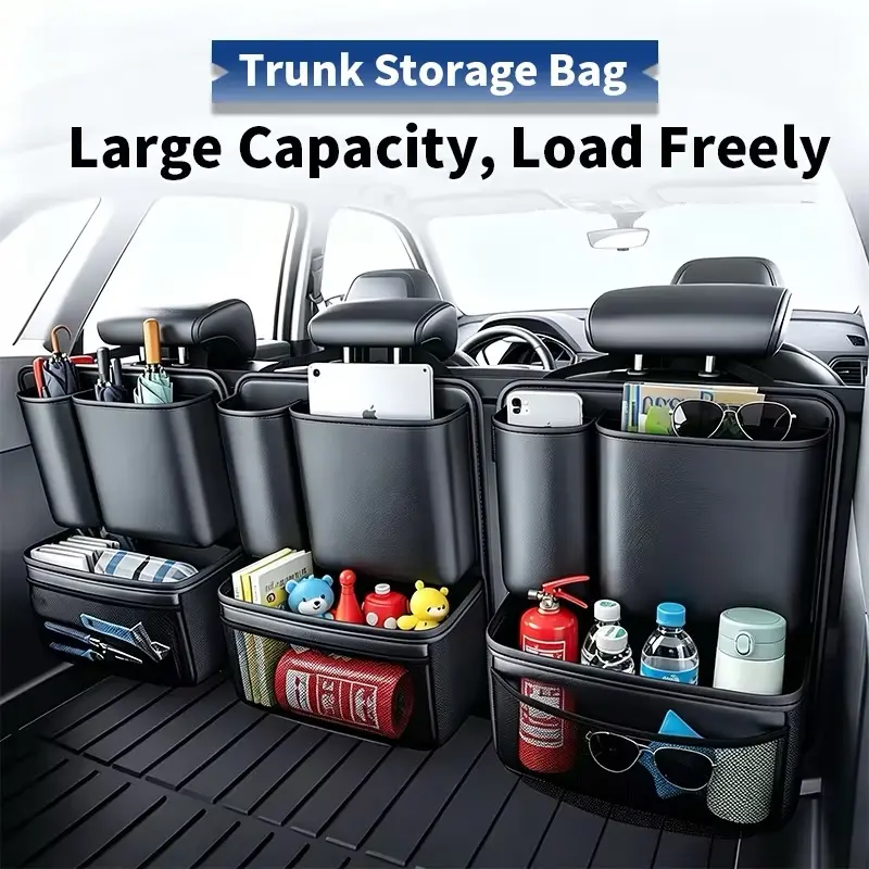 Car Trunk Organizer, Heavy Duty Cargo Storage Bag with Multiple Compartments, Large Capacity Vehicle Organizer for Tools, Gear, Emergency Supplies & Outdoor Equipment, Mesh Pocket Storage Organizer for SUV Truck Accessories