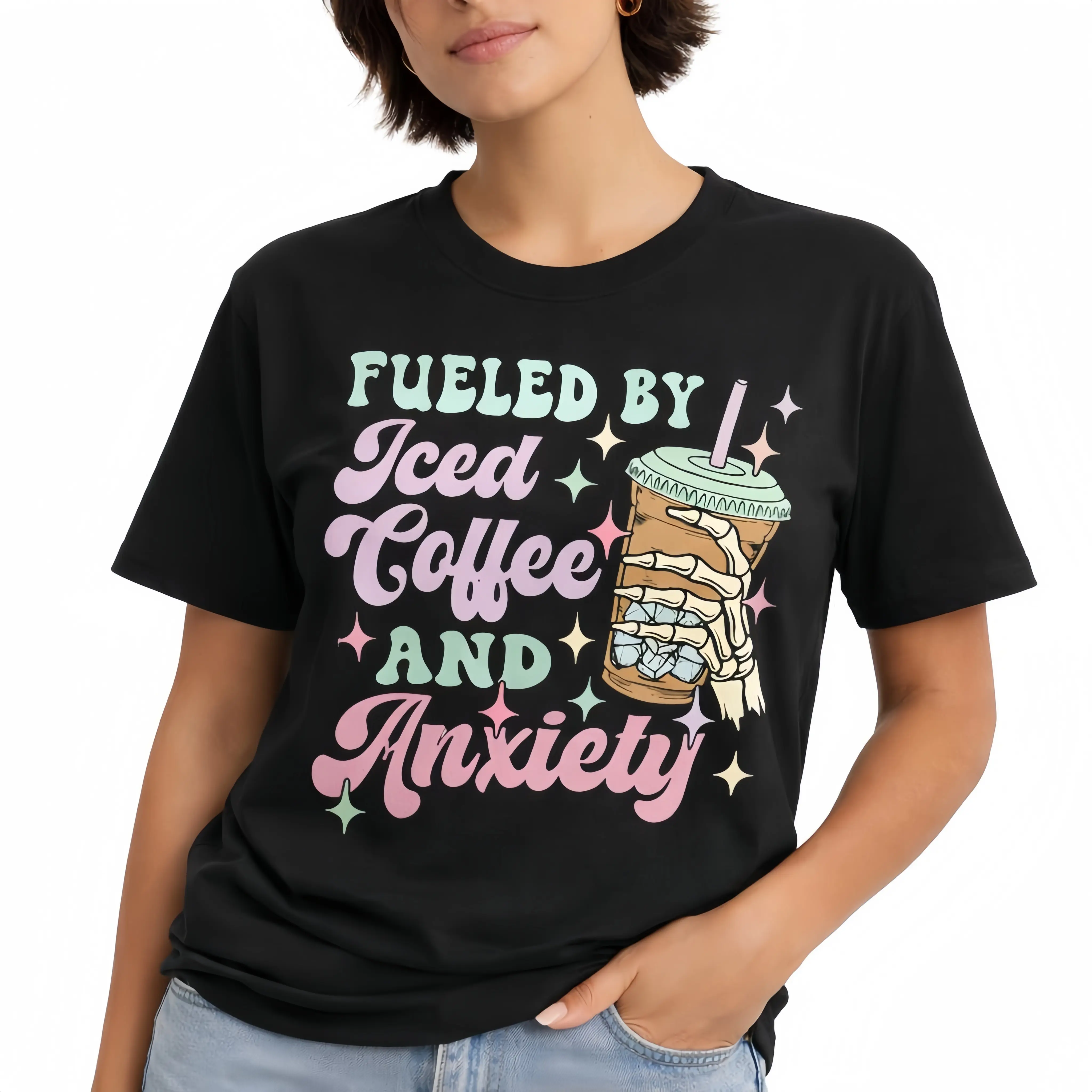 Graphic tees for women cute tops – Oversized black T-shirt with fun 'Fueled by Iced Coffee and Anxiety' print, t shirts women's graphic tees, vintage graphic tees, casual streetwear style  gift springglowup,summervibes