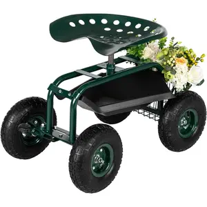 Outvita Gardening Work Seat with Wheels, Rolling Work Seat with Adjustable 360 Degree Swivel Seat, Basket and Tool Tray for Lawn Patio Outdoor Planting Deck Wagon Scooter (Green)