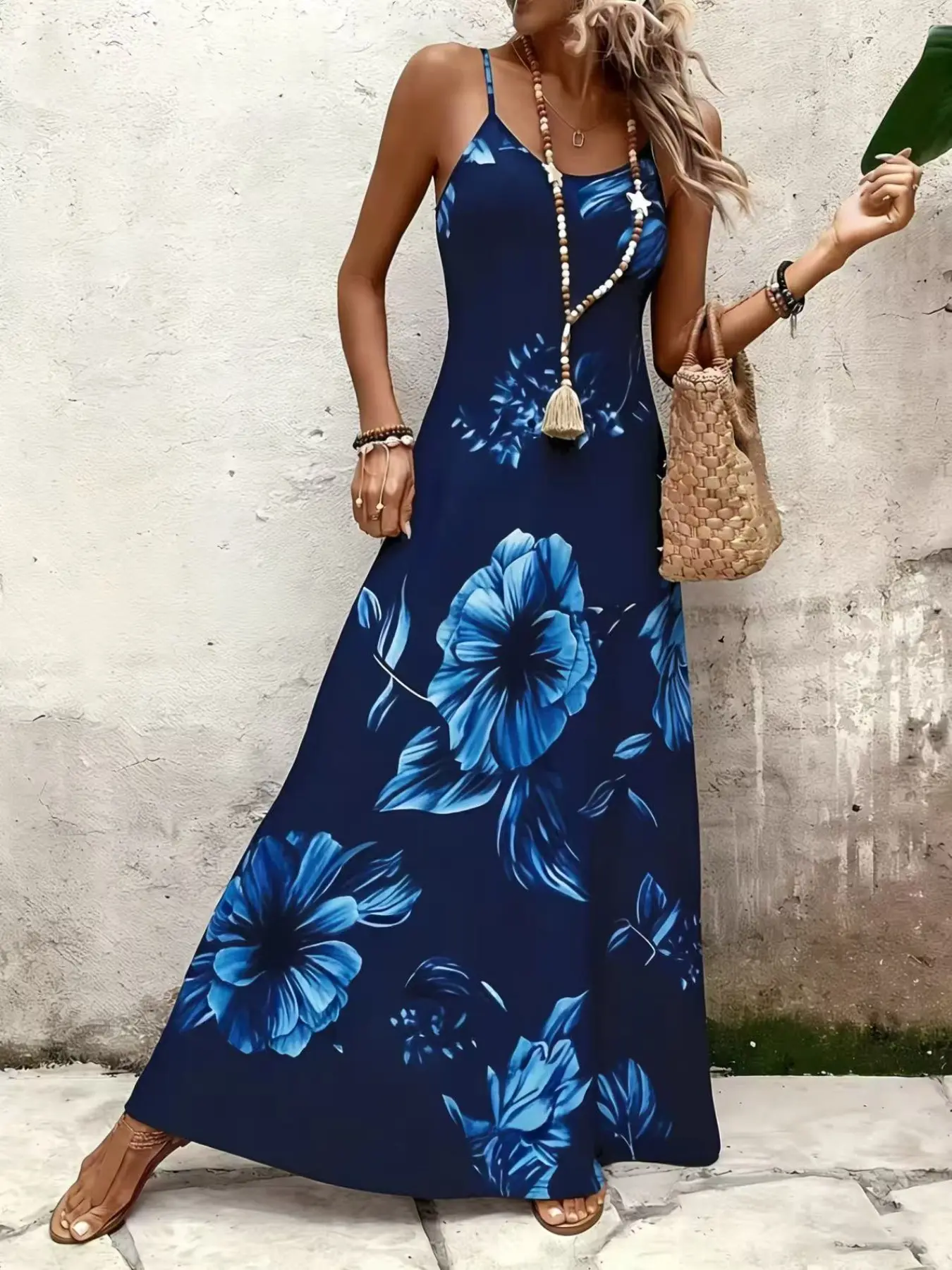 Elegant Floral Print Boho Bohemian Flowy Long Dress, Navy Thin Strap Spaghetti Strap Sleeveless Maxi Dress, Women's Breathable Lightweight Casual Beachwear, Stylish Chic Summer