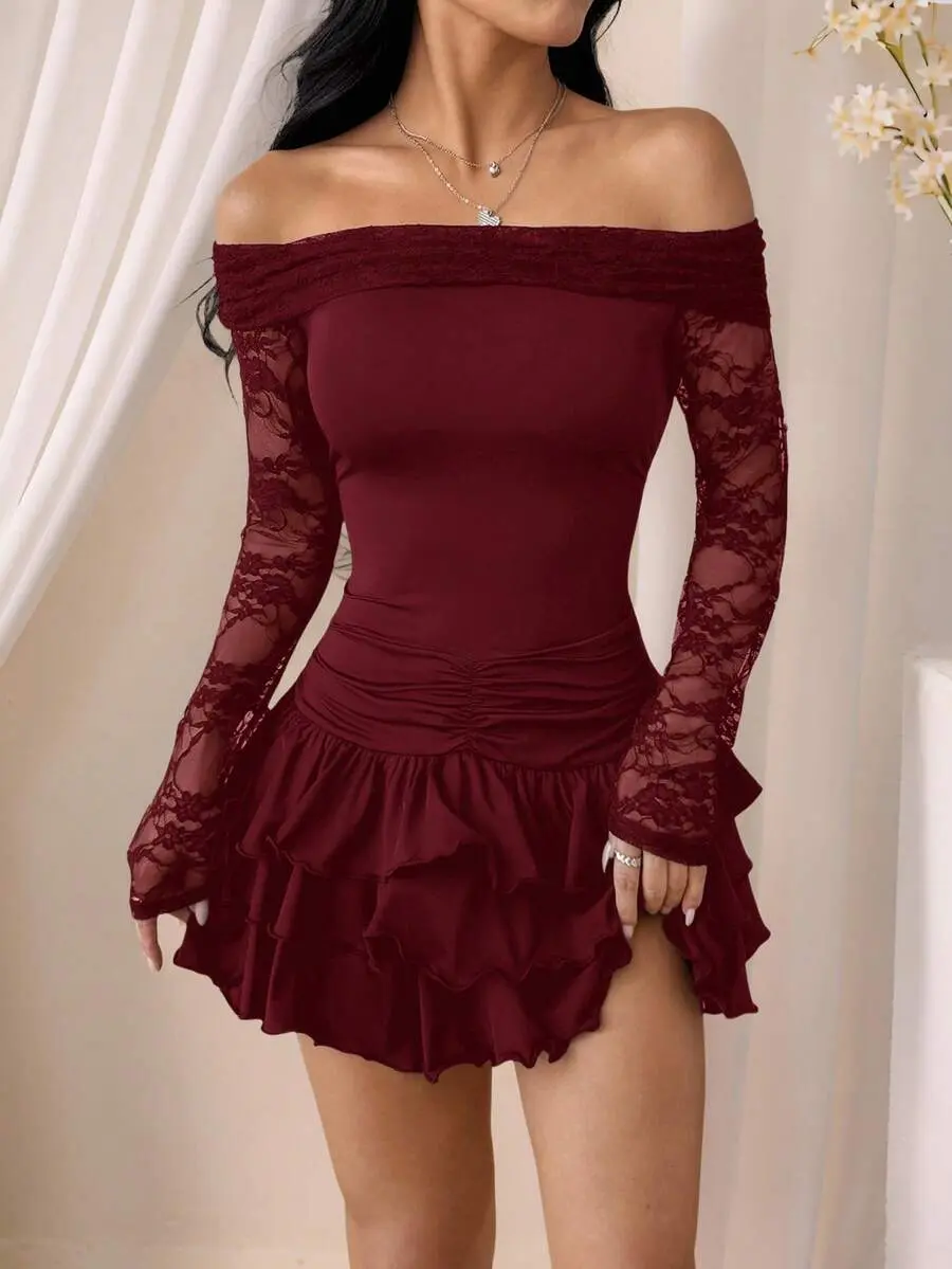 IYUNA Wine Red Lace & Mesh Off-Shoulder Dress For Women Dark Red Dress Maroon Dress Sexy Date Night Dress Burgundy