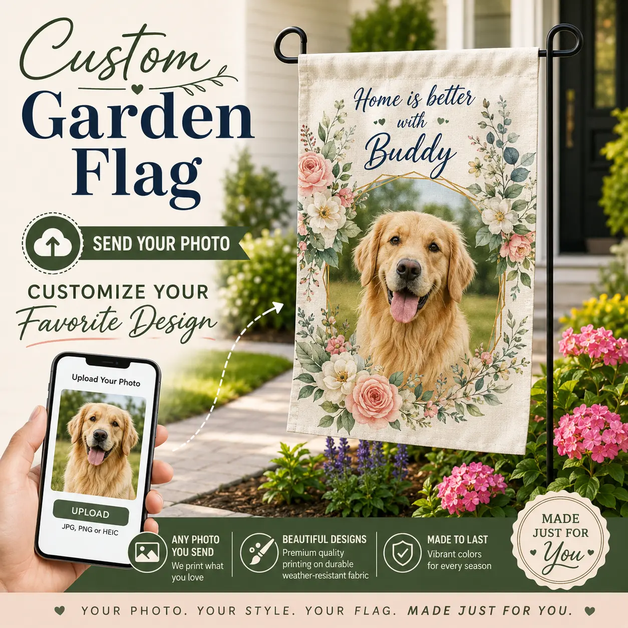 Personalized Custom Garden Flag, Photo Pet Family Yard Flag, 12x18 Inch Double-Sided Outdoor Decorative Flag, Linen-Look Fade-Resistant Garden Banner for Porch, Lawn, Patio, Housewarming Gift