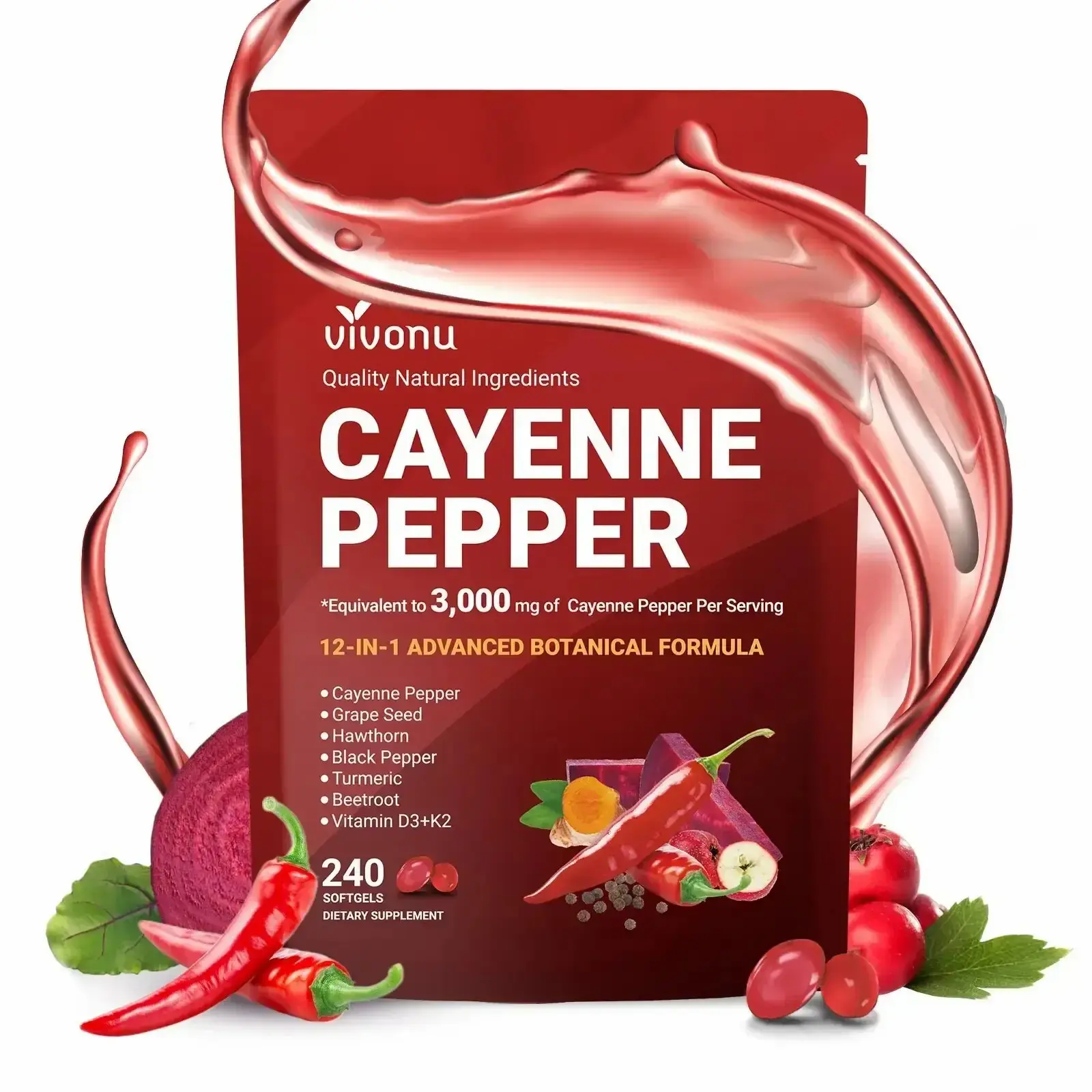 Cayenne Pepper Softgels Supplement - Contains Vitamin E, D3, K2, Grape Seed, Hawthorn & Beetroot Extracts | 240 Softgels Per Bag