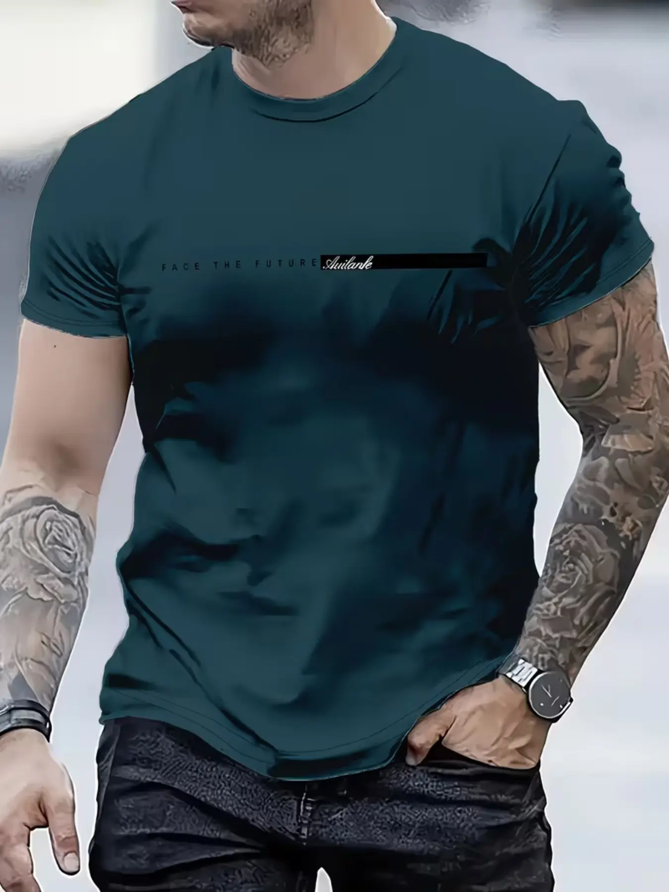 Men's Fashion Casual Streetwear Classic T-Shirt, 100% Polyester, Round Neck Short Sleeve, All Seasons Comfort, Smooth Fabric