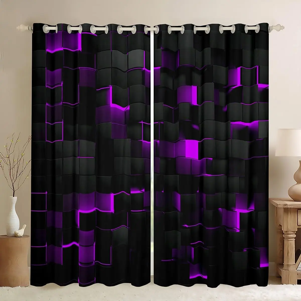 Neon Black Purple Window Drapes Abstract Geometric Grid Checkered 50% Blackout Curtains for Adults Women Bedroom Stereoscopic Plaid Square Window Curtains Gaming Decor