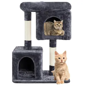 31" Cat Tree Tower with 2 Plush Condos and Perch, Indoor Cat Furniture with Scratching Posts, Small Cat Tower for Adult Cats and Kitten, Grey