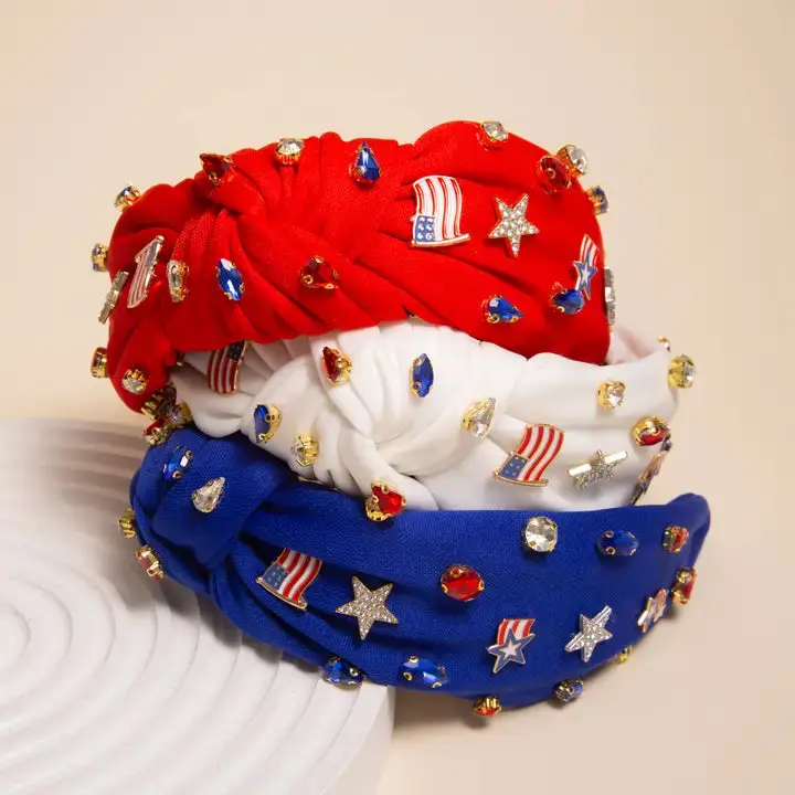 Women's Susan Enamel Charm, Crystal-Embellished Top-Knotted Headband, American Flag Graphic Hair Accessory for Daily Wear, America Flag Graphic Headbands