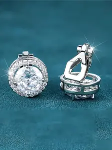 Classic Four Claw Round Stone Clip Earring Luxury Crystal White Zirconia Earrings For Women Men Simple Trendy Silver Color Jewelry Artificial Zirconia Earrings