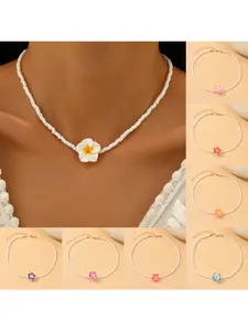 Bohemian style dopamine polymer clay collar necklace, colorful frangipani and rice grain beads necklace