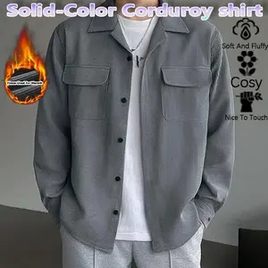 Men's Fleece-Lined Solid Color Long Sleeve Jacket - Regular Fit, Casual Classic Style, Button-Down Front, Flap Pockets, Collar, Menswear Tops Coats for Autumn Winter Outdoor Going Out Essentials