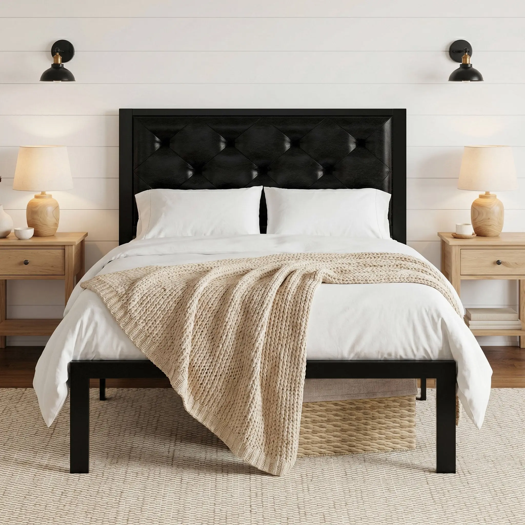 SHA CERLIN Metal Upholstered Platform Bed Frame with Headboard of Button Tufted Linen Fabric /Faux Leather,【Frame Only No Mattress】Twin/Full/Queen/King Size, Iron Slats Support, No Box Spring Needed Summervibes Father's day Gift