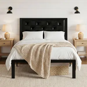 SHA CERLIN Metal Upholstered Platform Bed Frame with Headboard of Button Tufted Linen Fabric /Faux Leather,【Frame Only No Mattress】Twin/Full/Queen/King Size, Iron Slats Support, No Box Spring Needed Summervibes Father's day Gift