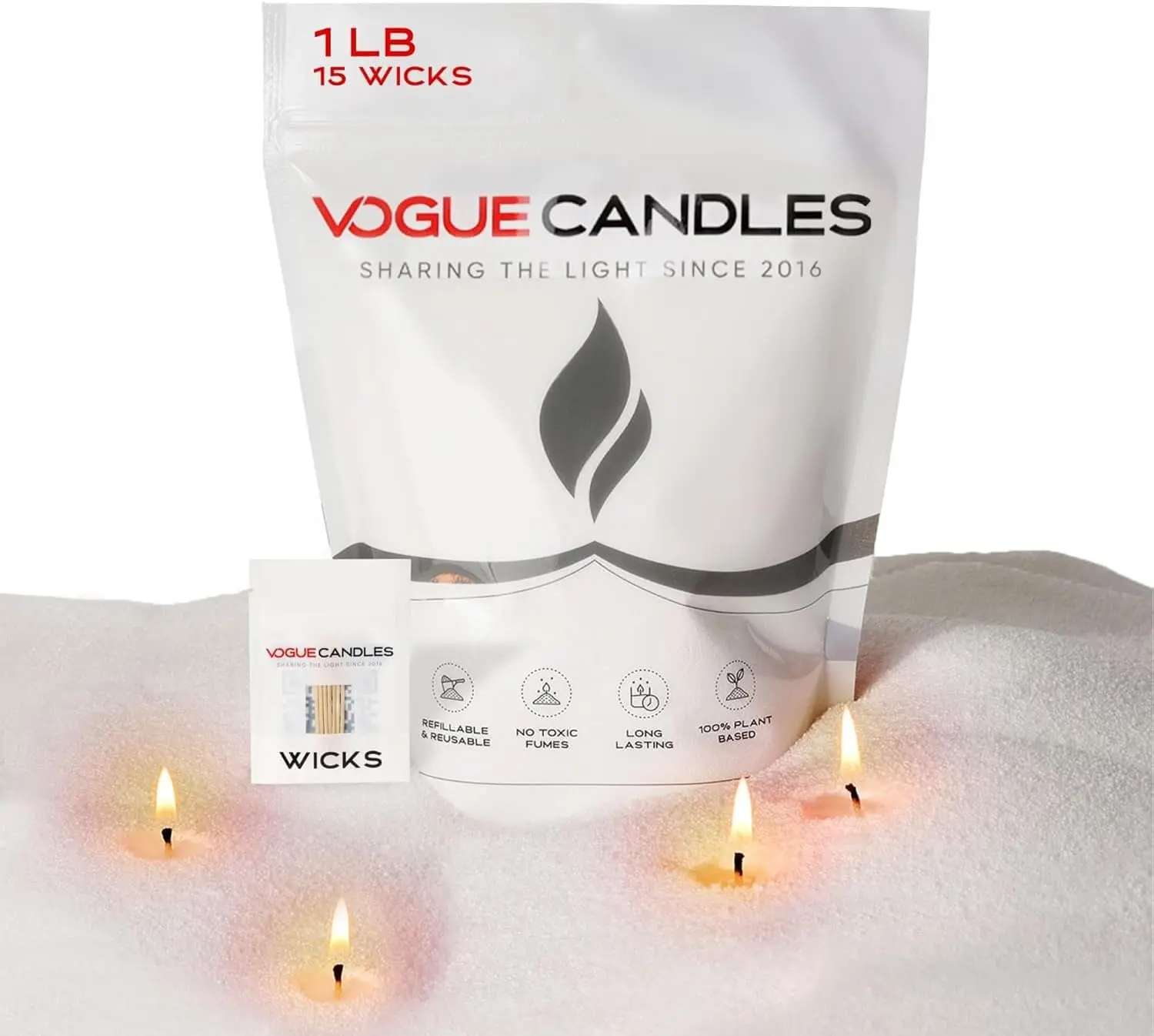White Sand Candle 1LB with 15 Wicks: Vogue Candles Pearled Candle Wax Refill for DIY Home Lighting – Reusable, Plant-Based Sand Wax Kit for Home Decor, Weddings & Custom Vessels