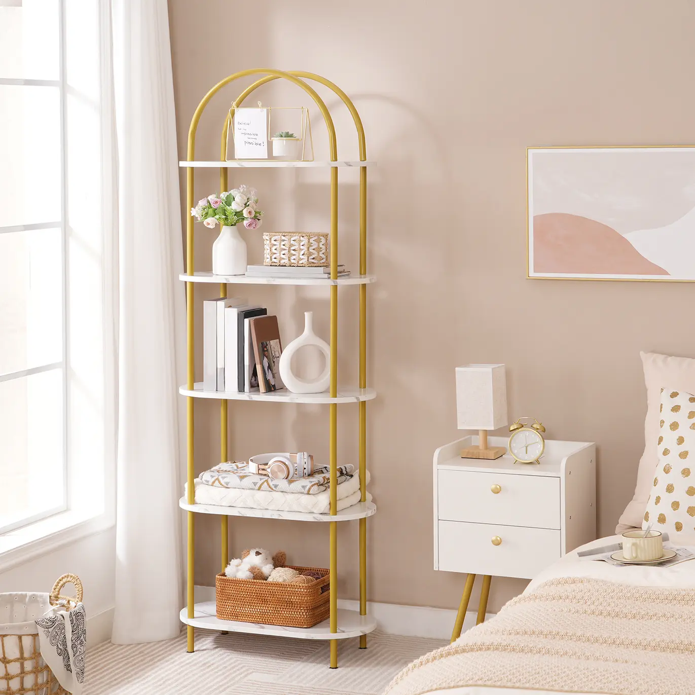 HOOBRO Modern Arched Bookcase Display Shelf Rack, 5 Tier Open Bookshelf, Wooden Bookcase Storage Shelf Metal Frame, Tall Storage Organizer for Home, Living Room, Easy Assembly