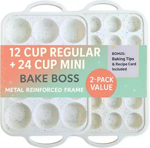 2-Pack Silicone Muffin Pan Set – Regular 12-Cup & Mini 24-Cup Nonstick Cupcake Pans – Metal-Reinforced Handles, BPA-Free, Non-Toxic, Dishwasher Safe, Cream Color Bakeware
