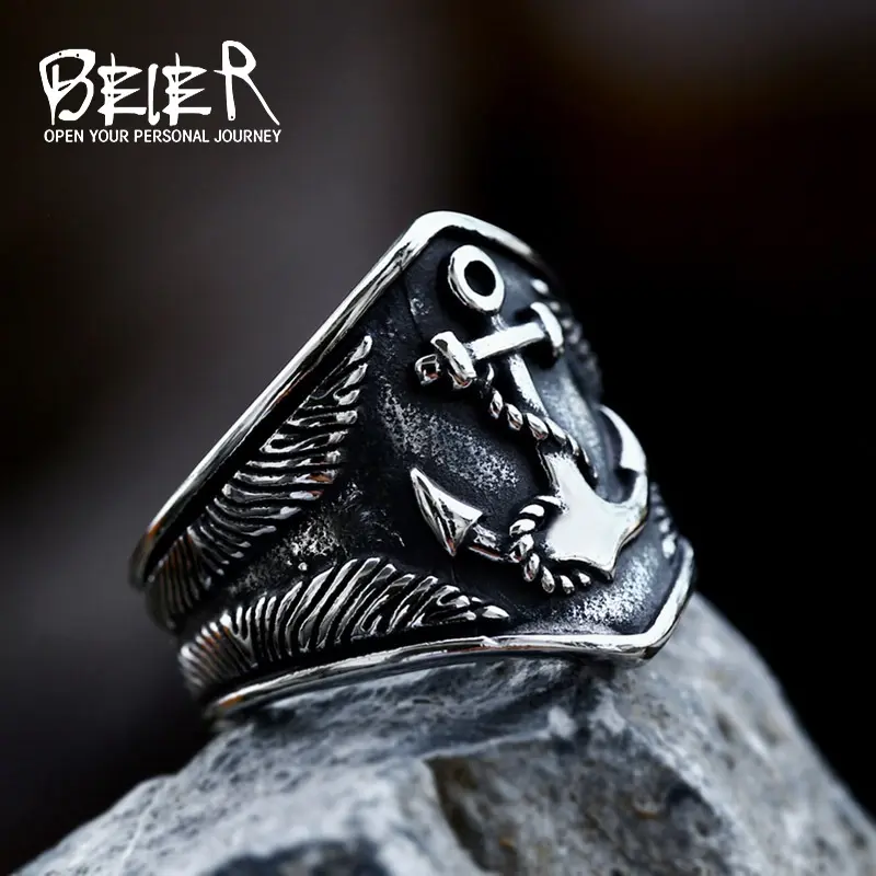 Male Hip Hop Titanium Steel Beier Nordic Viking Anchor Ring - Vintage Letter Design by Special Design Team, Invisible, 14.8g, Quality Assurance, Genuine Affordable, Ceremony-Suitable, Delivery Guaranteed, Hip Hop Male