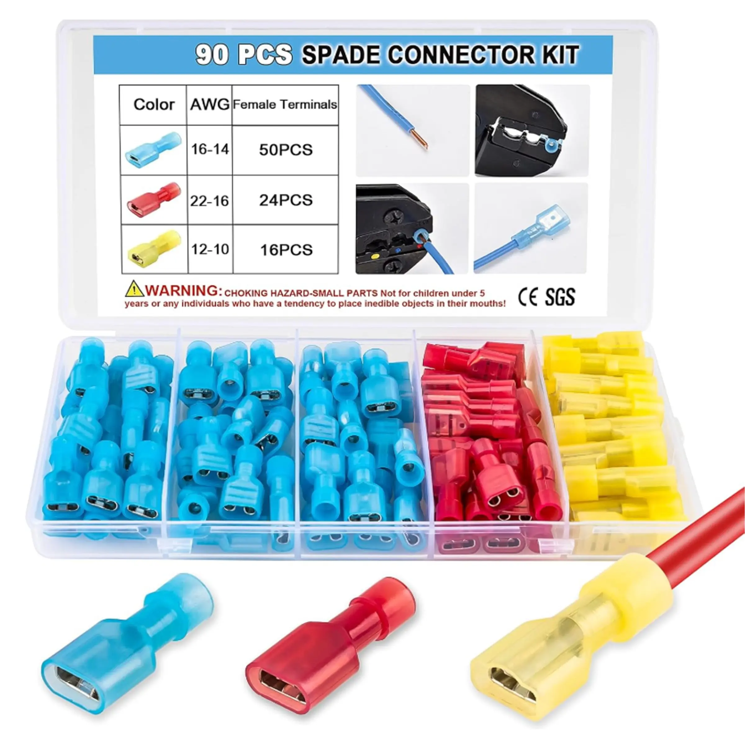 90PCS Spade Connector Kit, Nylon Spade Wire Terminal Connectors for 12-10, 16-14, 22-16 AWG Wire, Quick Disconnect Fully Insulated Crimp Terminals, Crimping Terminals for Auto, Speaker and Stereo Wiring, Cable Connector