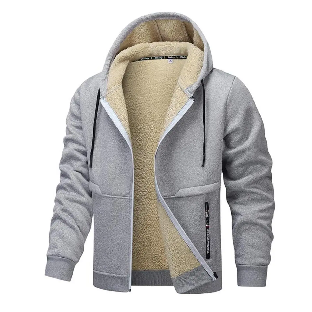 Men's Thick Knitted Jacket, Chic Letters Print Fleece-Lined Hooded Tops with Pockets, Front Zip for Winter Everyday Wear, Coats