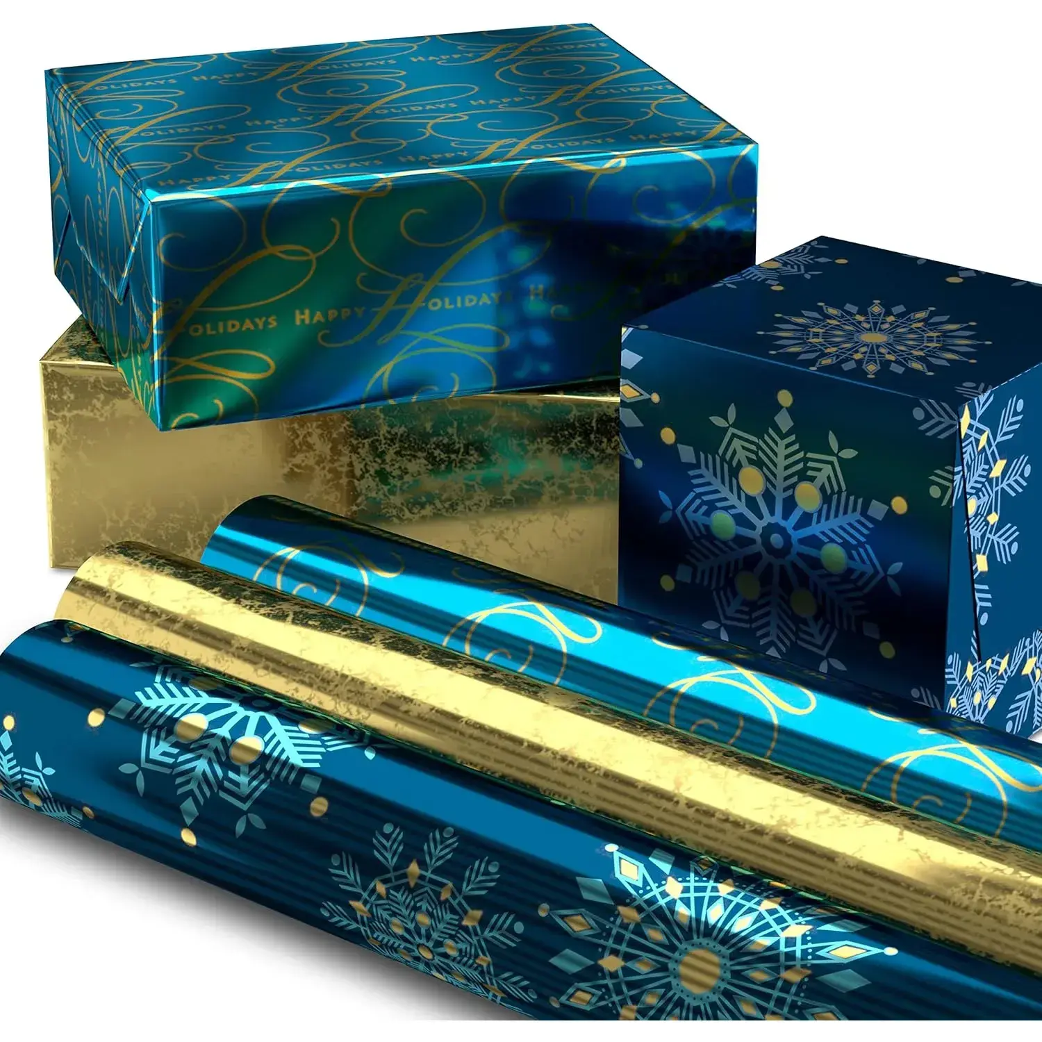 Christmas Wrapping Paper Rolls, Metallic Foil Holiday Gift Wrap (Pack of 3: 60 sq. ft. ttl) Elegant Navy Blue and Gold for Christmas, Hanukkah, Weddings, Graduations