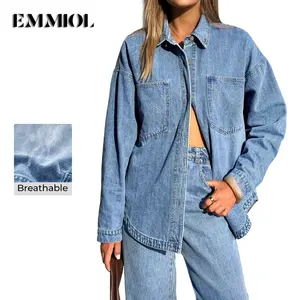 EMMIOL Women Oversized Denim Shirt Jacket Long Sleeve Button Down Distressed Vintage Blue Jean Jacket Streetwear Summer Vibes