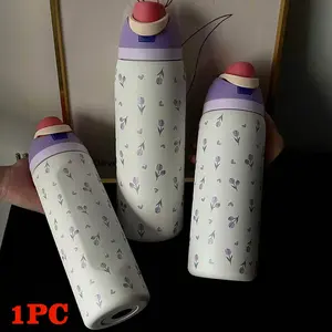 Tulip Pattern Vacuum Flask, 1 Count 24oz/32oz/40oz Stainless Steel Insulated Water Bottle with Straw, Drinking Cup for Home Office School Outdoor, Drinkware, Insulated Travel Tumbler, Reusable Tumbler with Lid