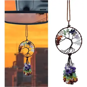 Chakra Colored Stones Car Rear View Mirror Charm, Handmade Auto Mirror Hanging Accessories, Crystal Tree of Life Car Ornament, Lucky Auto Interior Decoration Pendant for Women Men (Round Shape)