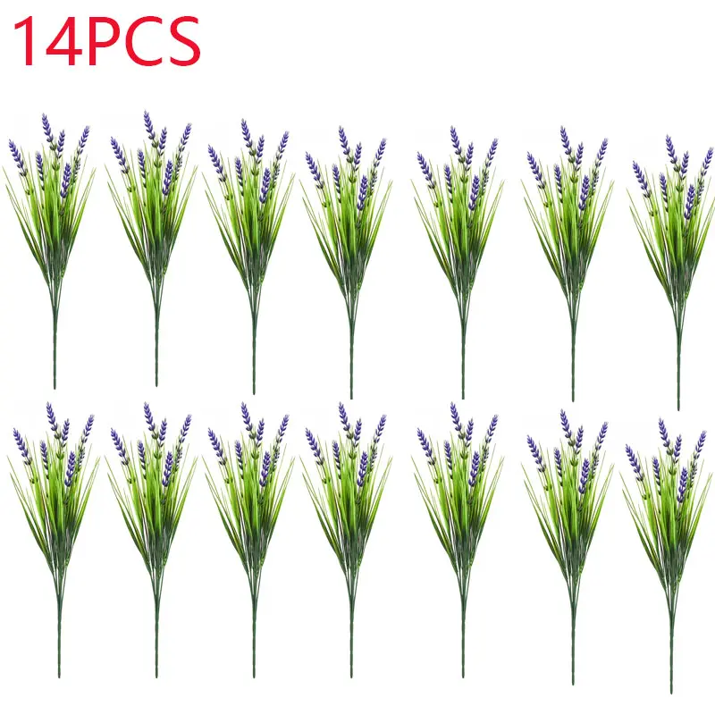 14 pieces 7-branch outdoor artificial flowers, Artificial mixed flower, UV-resistant lavender flowers, outdoor green shrubs, Artificial Flower Decorations, suitable for outdoor courtyards, gardens, flower beds decoration, Outdoor Faux Plants