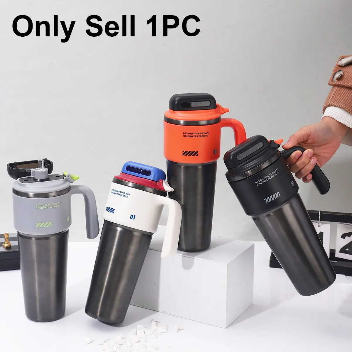 34oz Tumbler with Handle and Straw, Flasks, Drinkware, One-Touch Flip Lid Tumbler, Vacuum Insulated Stainless Steel Travel Mug for Men, Gamer Cup with Push-button Lid, Gaming Setup Accessory, Cup Holder Compatible for Travel, Hot & Cold Beverages