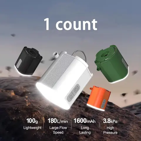 Compact Portable Air Pump with 1600mAh Battery, USB Rechargeable Inflator for Pools, Air Beds, Camping Gear, Camping Equipment & Outdoor Camping Supplies, Built-in LED Camping Lantern