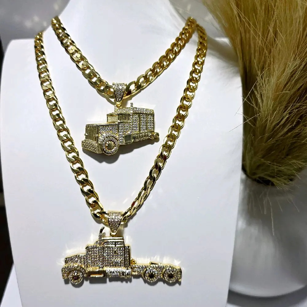 Iced Out Truck Pendant with Cuban Chain Necklace, 22in Length