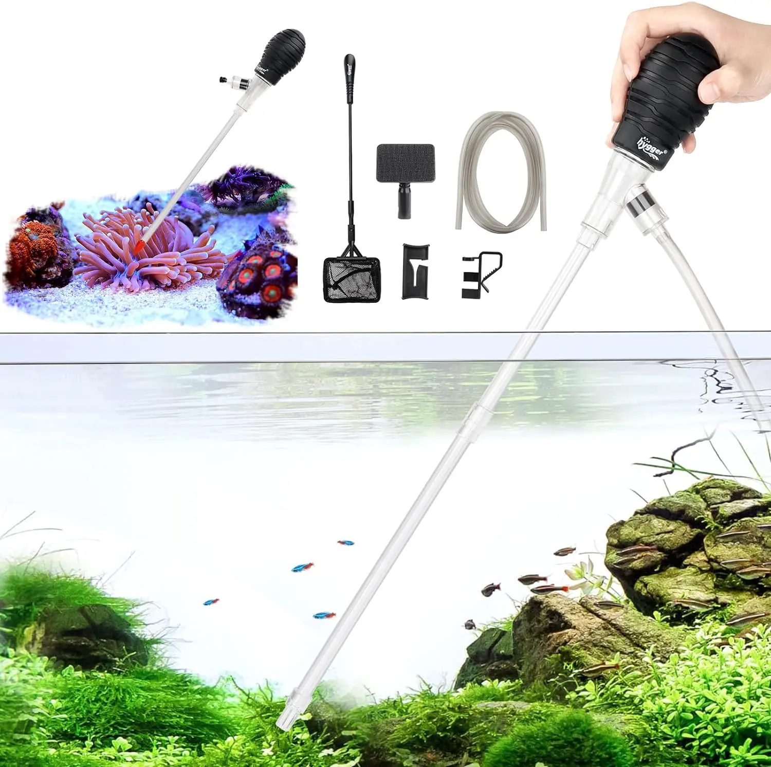 hygger Aquarium Siphon Coral Feeder Kit - 15-Inch Universal Silicone Glass Brush, Gravel Vacuum, Water Changer, Left-Handed Water Hose Controller Clamp for Small Fish Tank Cleaning Tools