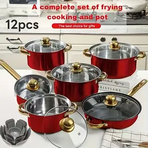 12pcs Cookware Set Made of Stainless Steel Featuring Golden Handles