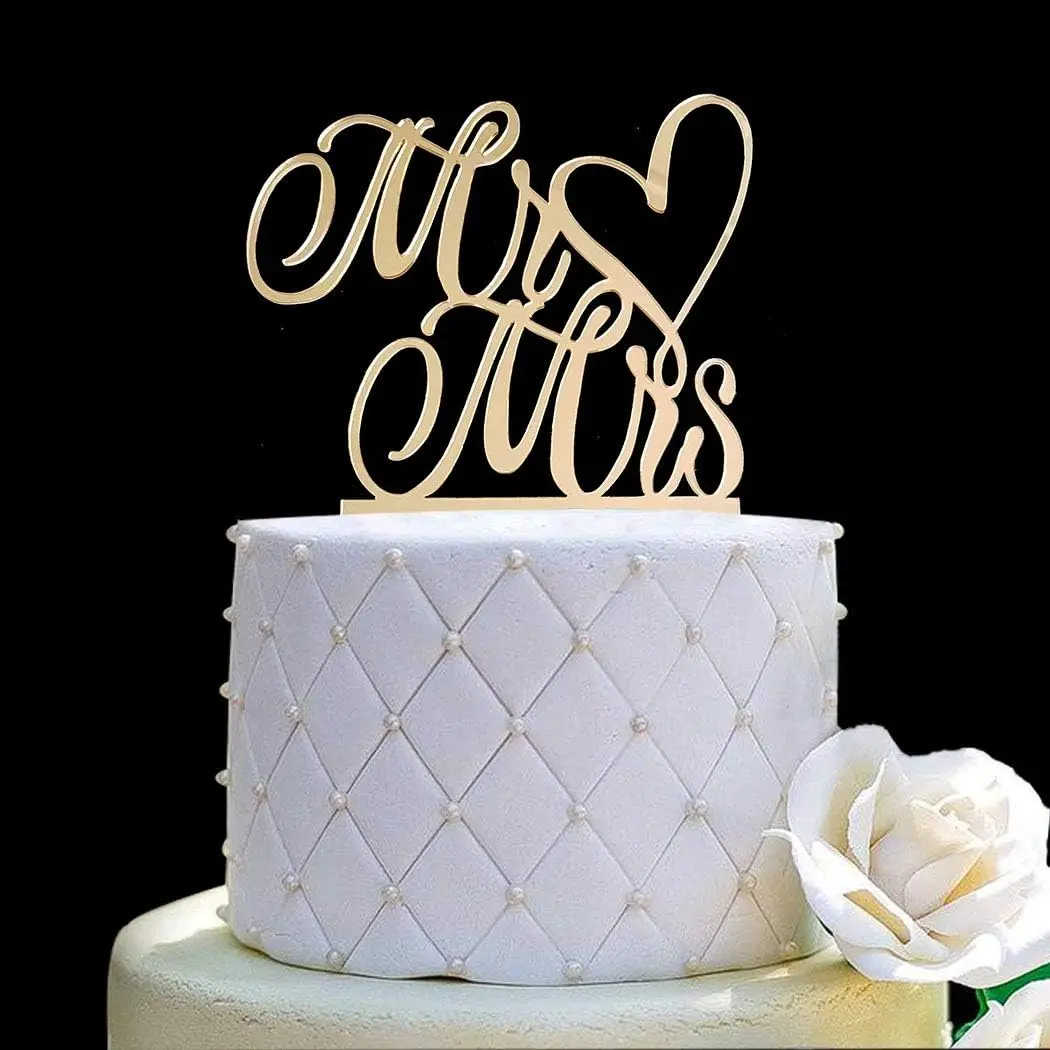 P-PSD026 Mirror Gold Acrylic 1-Piece Reusable Mr & Mrs Cake Topper - 5.7in Wide, 6.8in High, Wedding Cupcake Decoration, Dessert Decor Supply for Wedding, Anniversary Events