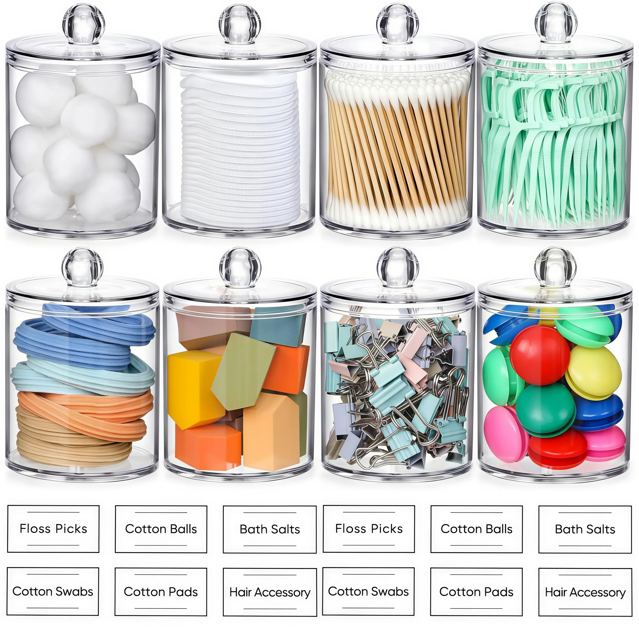 LMMAKE 8PCS Clear Acrylic Qtip Holder Dispenser Set - Plastic Apothecary Jars for Cotton Swabs, Balls, Pads, Floss Picks, Bathroom Vanity Makeup Storage Organizer