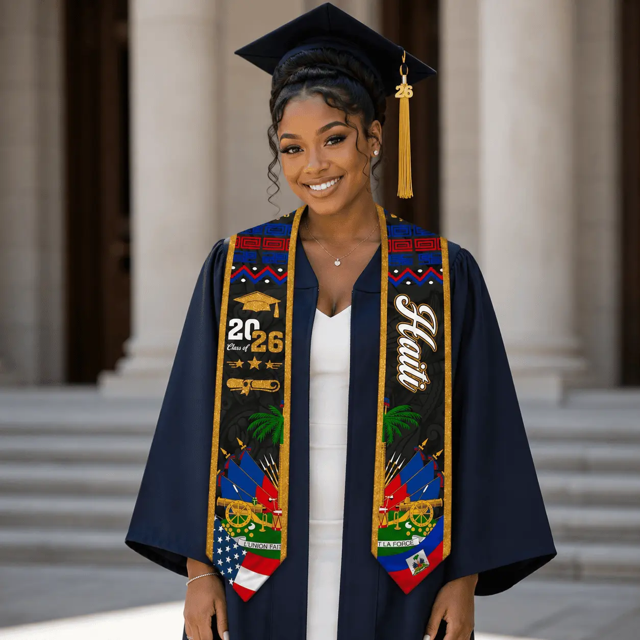 🎓🇭🇹 Celebrate your success with style and culture! This beautiful Haitian Graduation Stole is designed to honor your hard work and heritage. Featuring vibrant Haitian-inspired artwork, gold glitter trim, “Class of 2026” details, and premium-quality fab