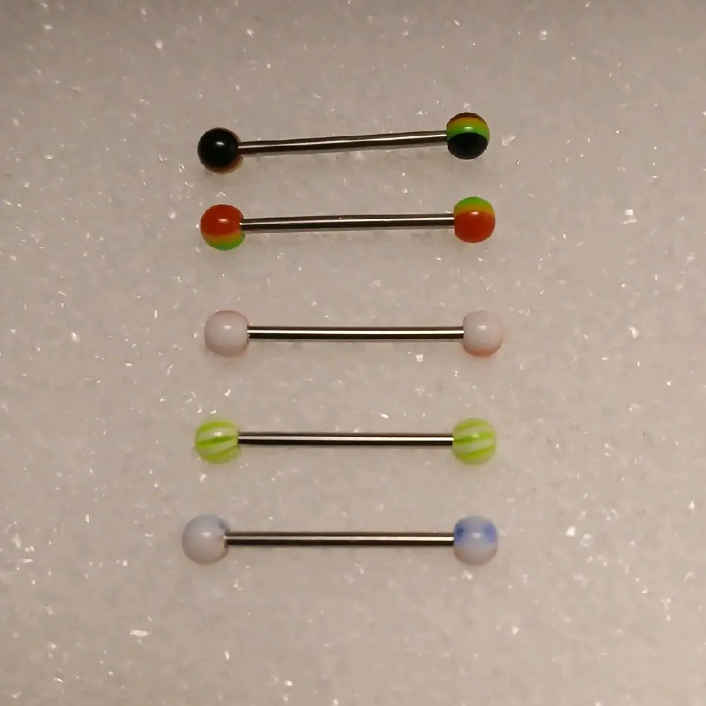 Tongue Piercing 5 pc Set - Includes Colorful Beads and Stainless Steel Bars for Tongue Piercing Jewelry