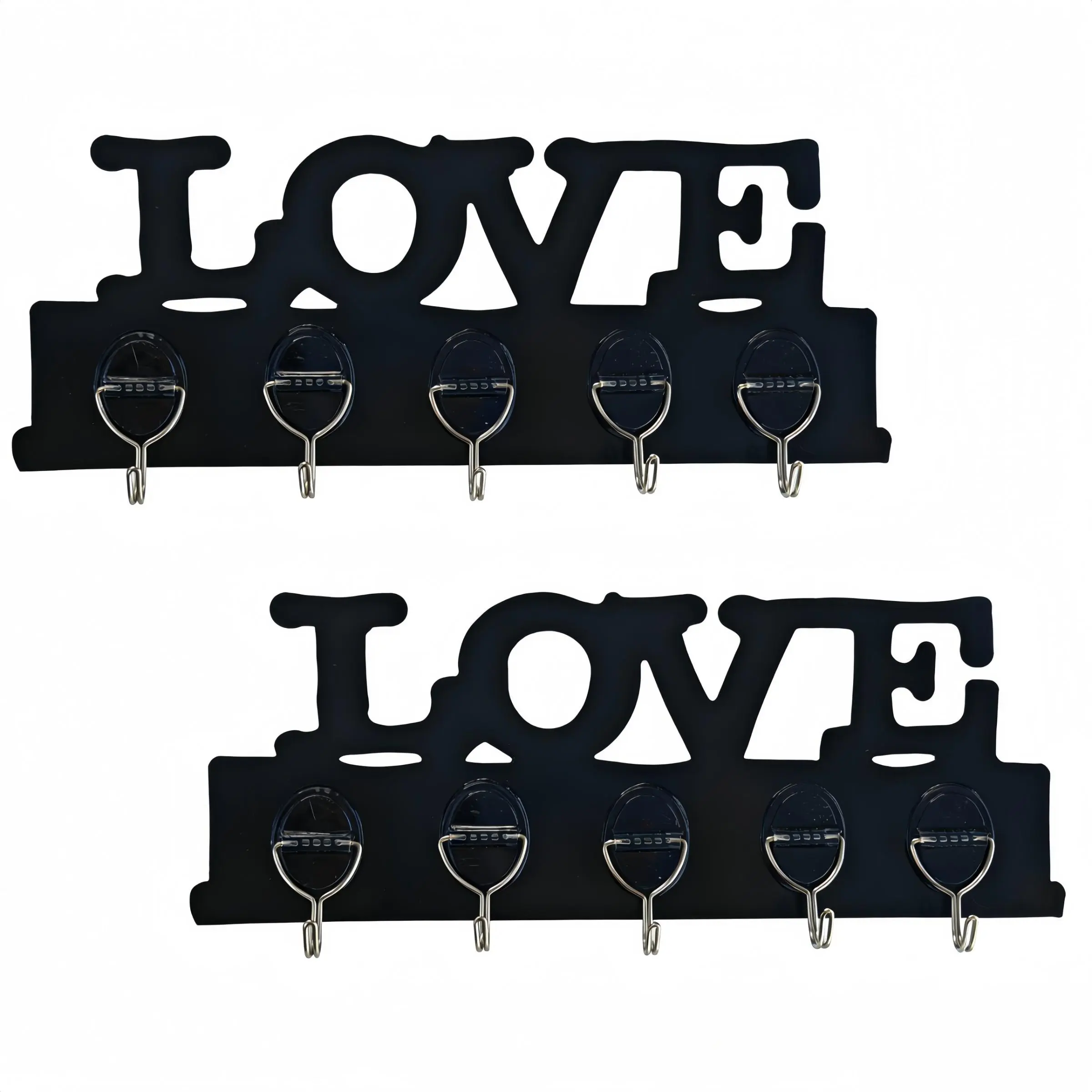2-Pack Love Graphic Plastic Hook Rack, Wall-Mounted Key Hooks, 5 Strong Hooks, Easy Install with Adhesive Backing, Ideal for Entryway Organization, Home Organizer Hook, Decor