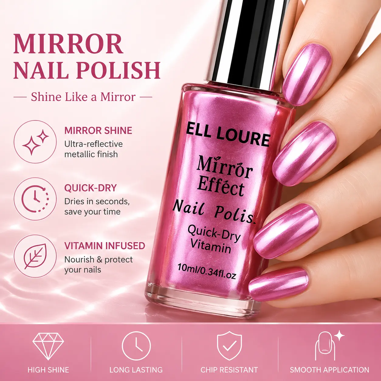 ELL LOUREL Mirror Effect Nail Polish - Alcohol-Free Metallic Chrome Formula, No UV Lamp Needed, Quick-Dry, Scratch-Resistant, Nail Protection, High-Gloss Finish for Daily Wear, Parties