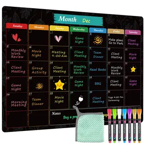 MaxGear Monthly Black Magnetic Calendar for Refrigerator, 16" X 12" Fridge Chalkboard, Magnetic Dry Erase Calendar White Board Planning Board for Fridge with 7 Fine Point Markers,1 Cloth
