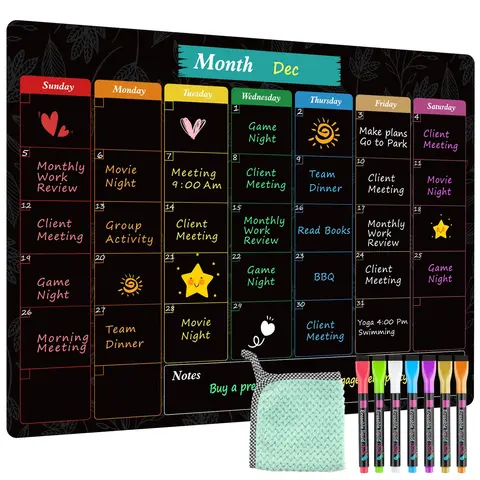 MaxGear Magnetic Dry Erase Fridge Calendar - 16"x12" Black Monthly Planner Magnet, Strong Magnetic Hold, Erasable Planning Boards, Easy Write & Clean, Stain-Resistant Surface, 7 Markers, 1 Eraser, 1 Cloth, Fridge Surface, Weekly Planner