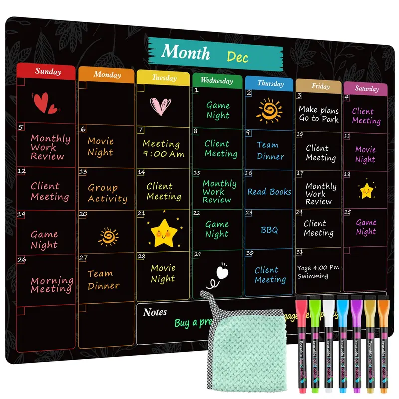 MaxGear Magnetic Dry Erase Fridge Calendar - 16"x12" Black Monthly Planner Magnet, Strong Magnetic Hold, Erasable Planning Boards, Easy Write & Clean, Stain-Resistant Surface, 7 Markers, 1 Eraser, 1 Cloth, Fridge Surface, Weekly Planner