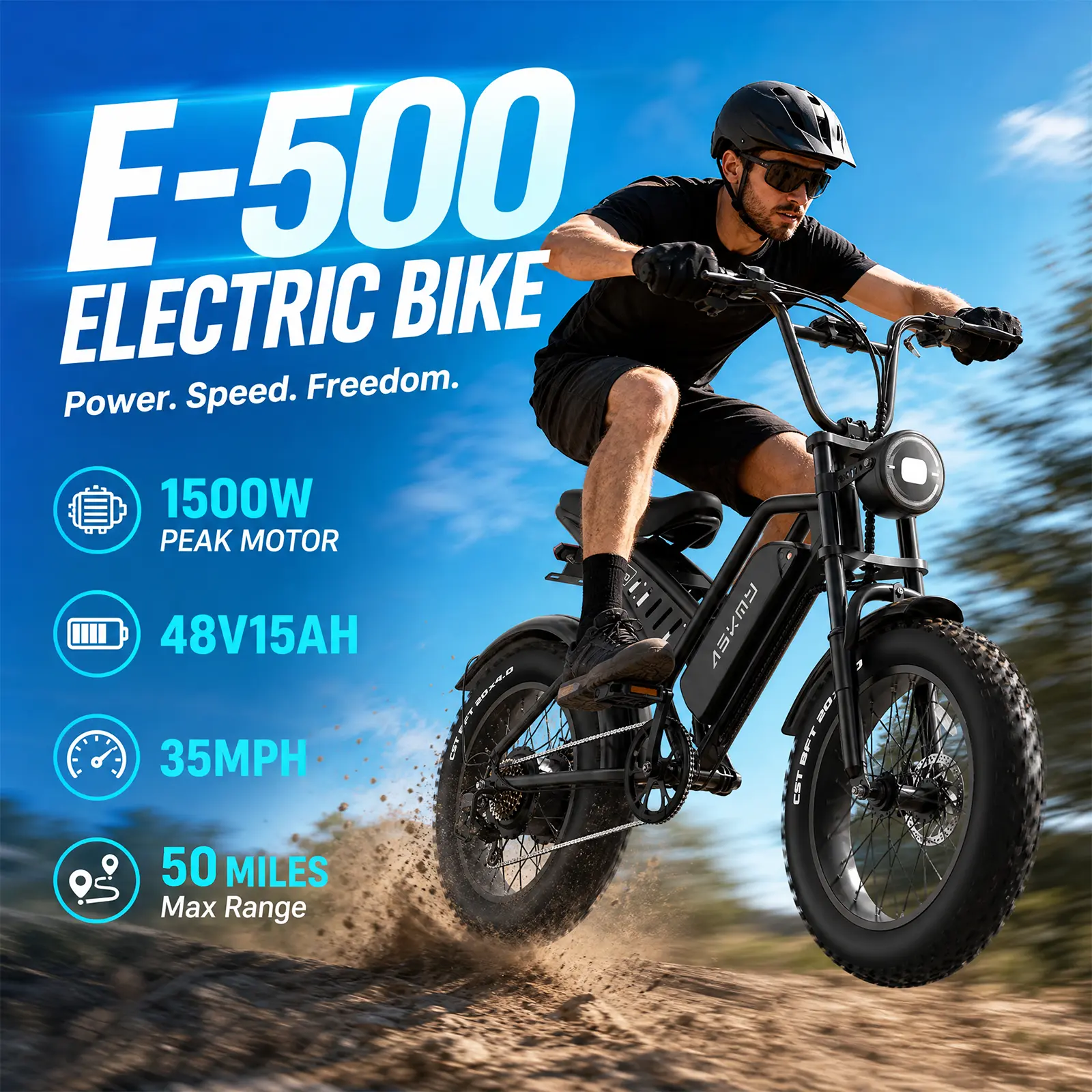 ASKMY E500 Fat Tire Electric Bike for Adults 1500W Peak Motor 48V 15Ah Battery 20x4” Tires Up to 35MPH Dual Suspension Long Range E-Mountain Bike UL Certified Removable Battery LED Lights | bicicleta electrica fat tire e-bike urbana montaña Energy Saving