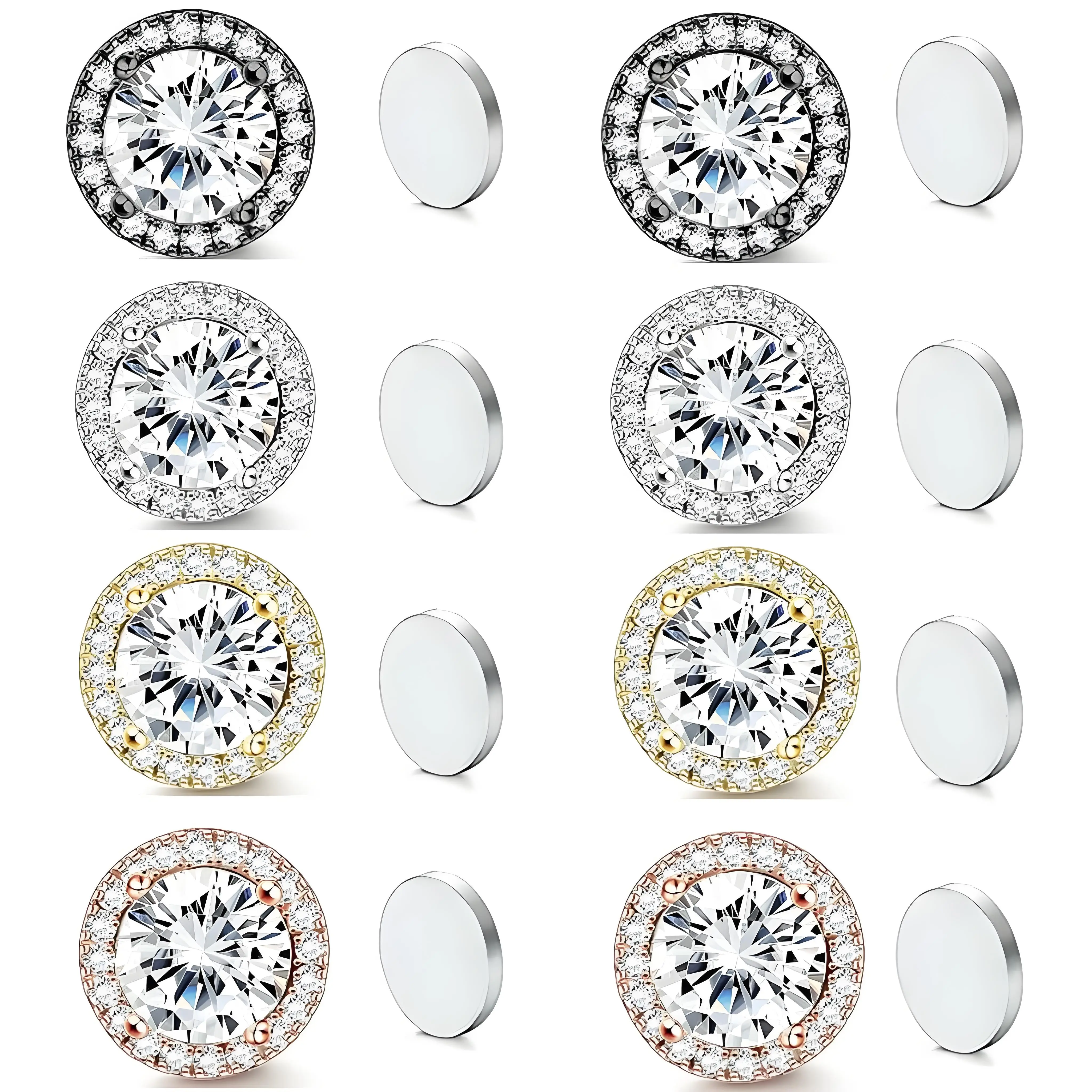 Stainless Steel Magnetic CZ Round Halo Stud Earrings for Men Women, Round Cubic Zirconia Inlaid Magnetic Earrings Non-Piercing Clip On Stud Earring