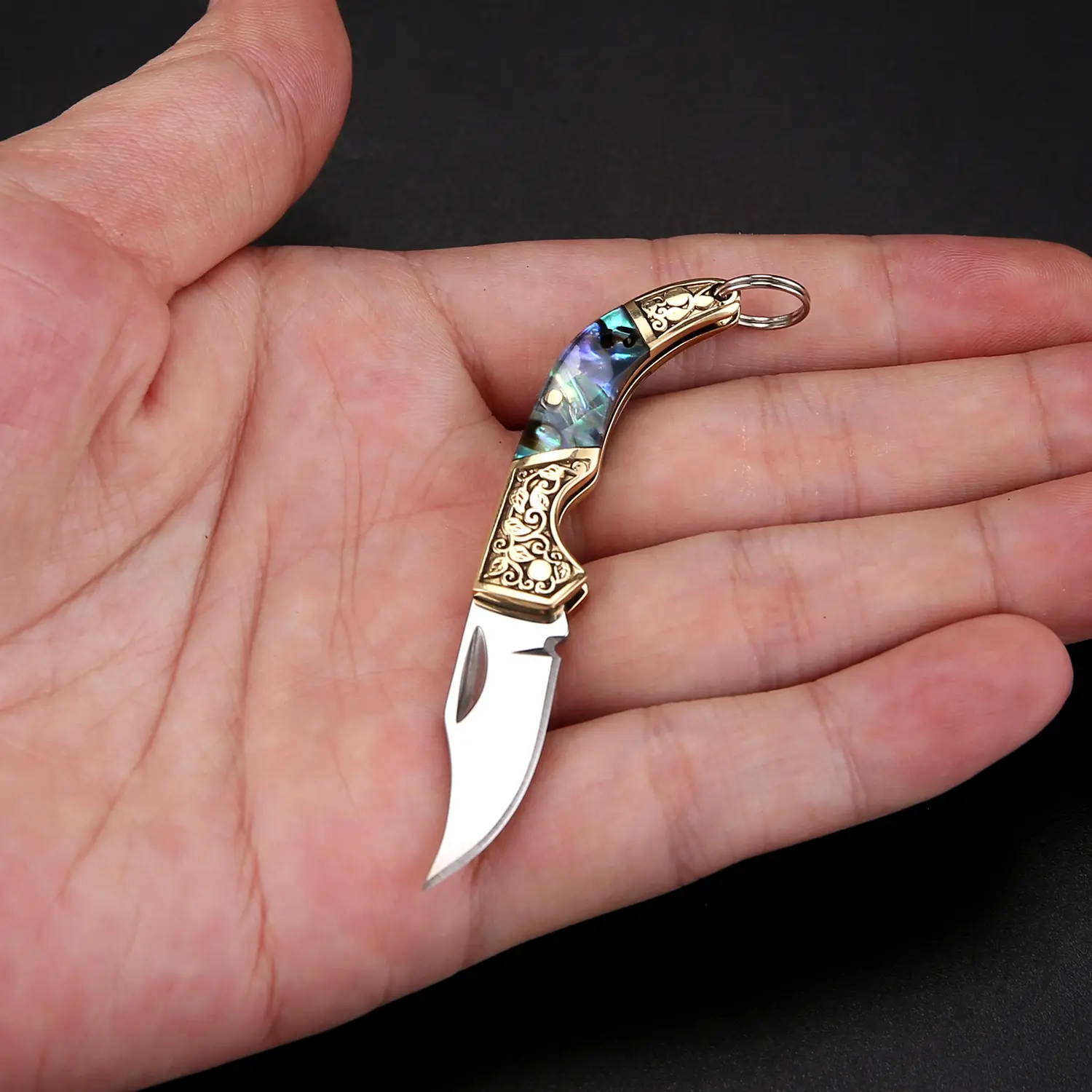 Mini Folding Pocket Knife, Brass Engraved & Shell Acrylic Handle, Cute Knife Keychain with Vintage Design, Stainless Steel Blade, EDC Keychain Knife for Outdoor & Everyday Cutting Tool
