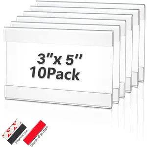 3X5 Inch Clear  Sign Holder -  Adhesive &  Strip Included - Peel & Stick Wall/Tabletop Display for Menus, Labels, Signage (10 Pack)