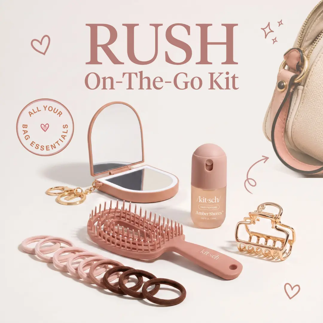 KITSCH RUSH ON-THE-GO KIT – Campus Hair Essentials Set - Compact Mirror Keychain - Mini Hair Perfume - Detangling Flexi Brush - Cloud Clip and Elastics - Sorority Haircare