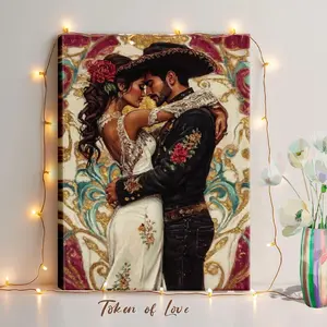 Mexico Wall Art, Winter Wall Art, Christmas Decorations Couple Kissing, Romantic Scene, Fancy Clothing - Botanical, Mexican Folk Art, Painting Style, Vibrant Colors Style, Wall Decor Poster for Room, Wood Framed Canvas Painting Photo Ornaments Artwork Gif