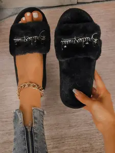 Women's Fluffy Open-Toe Slippers with Bow Decor, Soft Cushioned Fluffy House Slippers, Comfortable Velvet Indoor Outdoor Shoes, Fashionable and Cozy Footwear