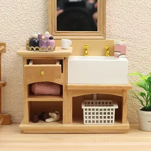 1:12 Dollhouse Miniature Bathroom Kitchen Scene Sink Vanity Natural Wood Color Christmas Easter New Year Gift